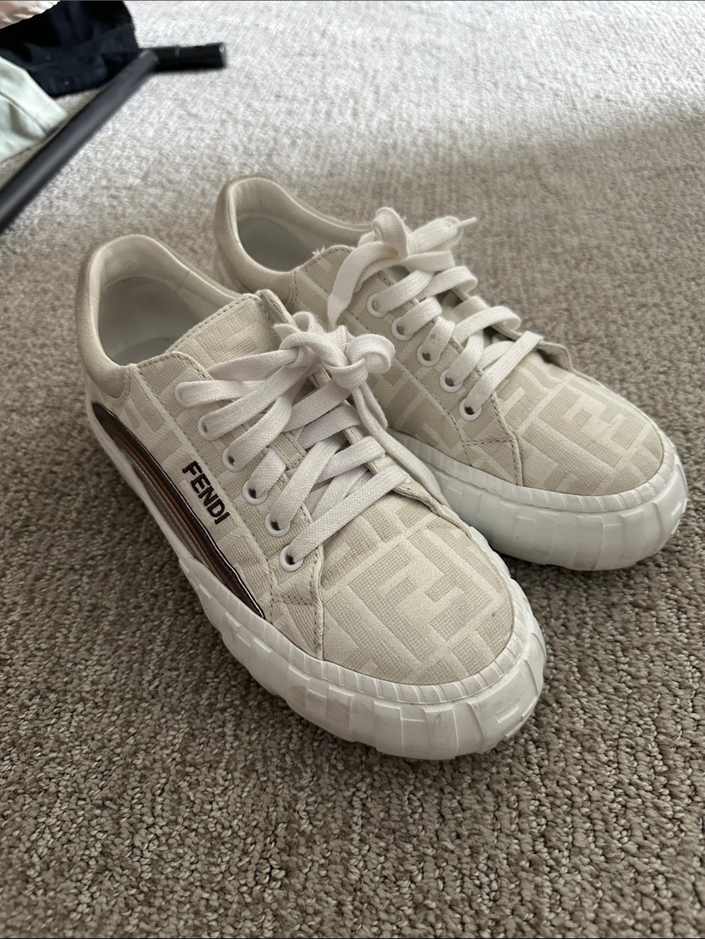 Fendi Cream Monogram Low-Top Sneakers with Brown Side Stripe